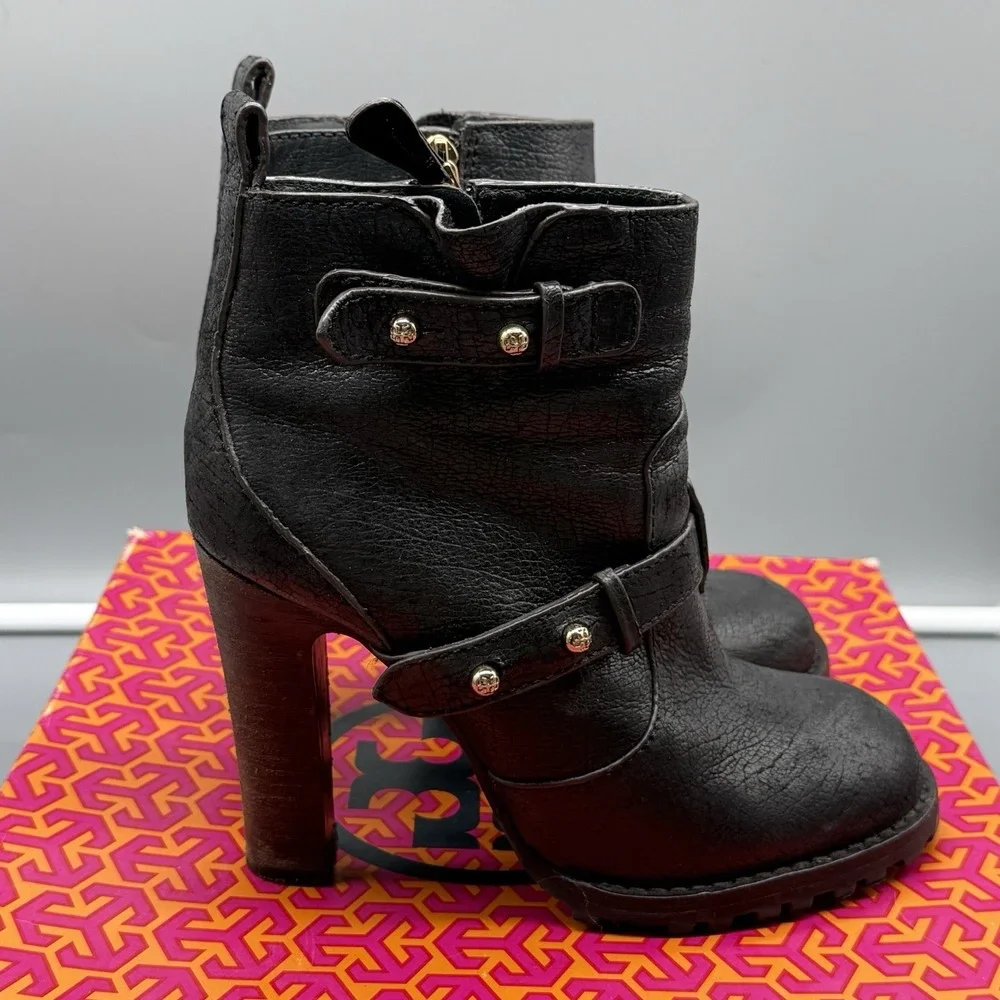 Tory Burch Landers Bootie Black Leather Studded Ankle Boots Chunky Heel Size 7